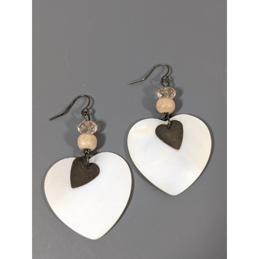 Beachy Boho White Shell Heart Dark Bronze Tone Dangle Earrings